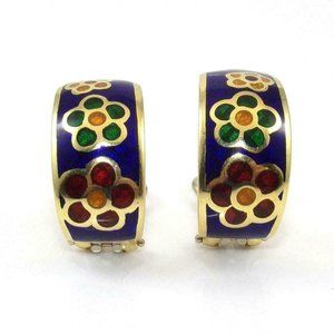 18K Gold Enamel Flower Omega French Clip Earrings